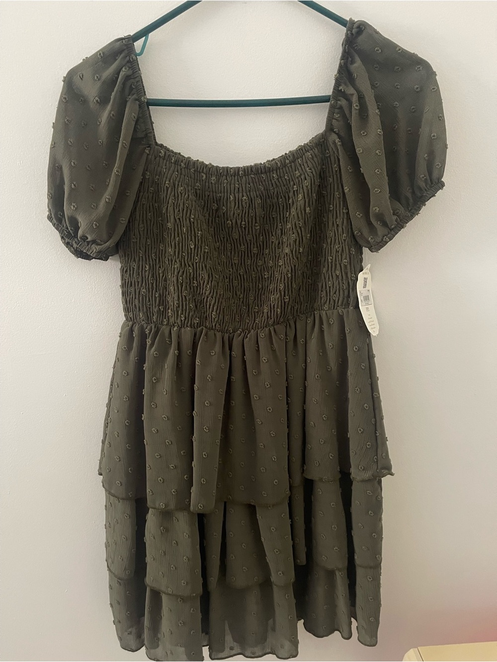 Altar'd State Olive Green Tiered Puff-Sleeve Dress